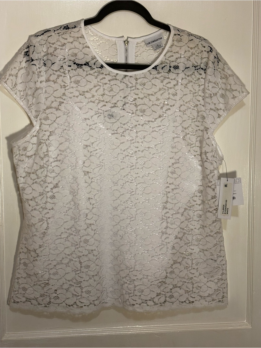 Liz Claiborne White Floral Lace Short Sleeve Blouse